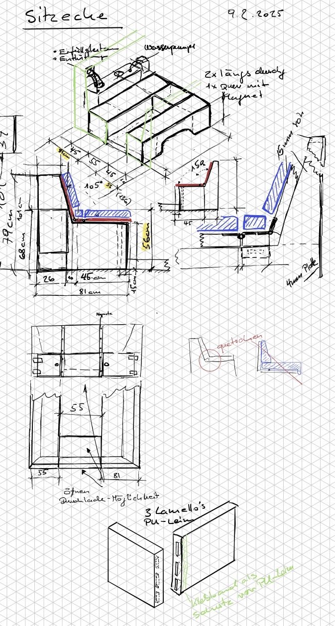 Handskizze des Grundrisses mit Massangaben für den Sprinter-Ausbau